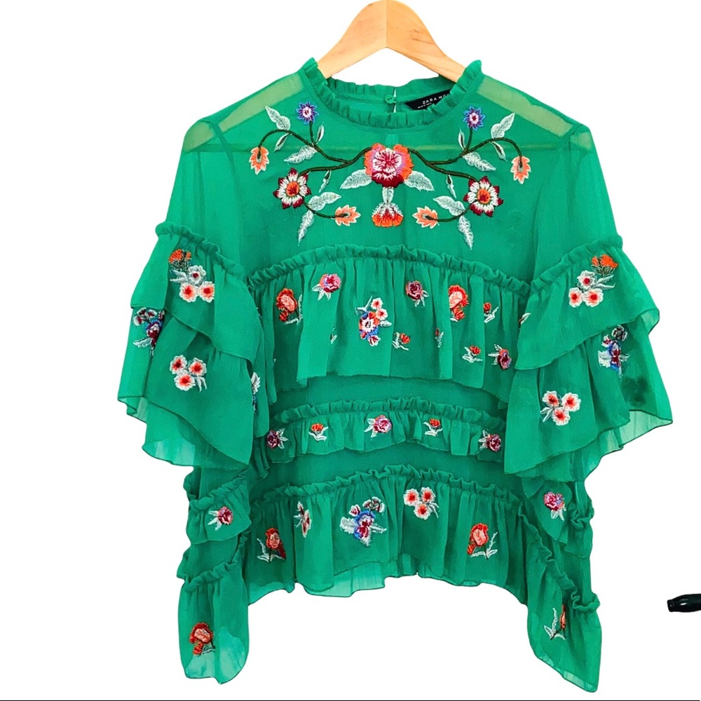 Zara Kelly Green Embroidered Tiered Ruffle Blouse